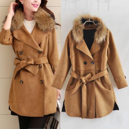 Mink Collar Detachable Suede Trench Coat Nmjh