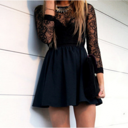 Black Lace Hollow Backless Dress , !! #aaaa