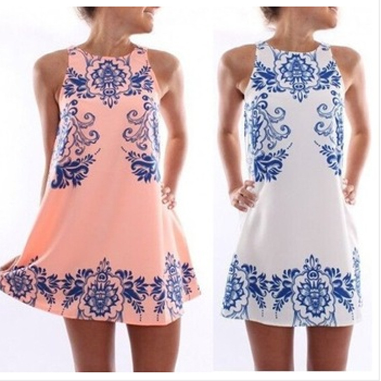 Blue And White Round Neck Sleeveless Printed Chiffon Dress Summer Fef